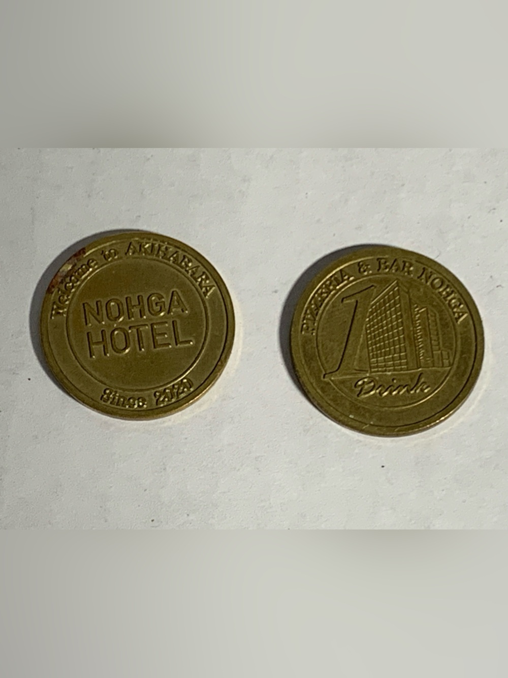 Two NOHGA HOTEL in Akihabara, Tokyo Drink Tokens Welcome Coins